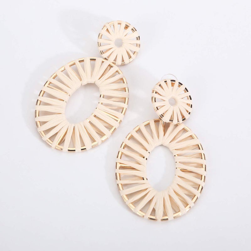 BaubleStar Kiera Raffia Tassel Fringe Rattan Hoop Drop Statement Earrings Natural Tiered Thread Handmade Round Oval Cirle Dangle Fashion Jewelry for Women - Image 3